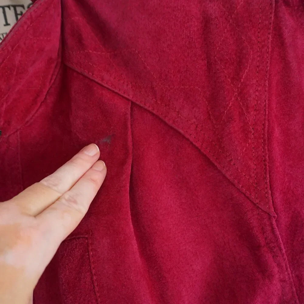 Vintage Just Petites Red Suede Leather Zip Jacket Minimalist Classic Cropped L - Picture 8 of 15